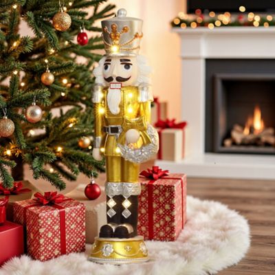 Image showing  2 ft. Lighted Nutcracker Gold Soldier with Silver Wreath, Battery Operated Xmas Decoration