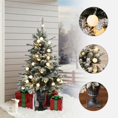 Image showing  4 ft. Pre-Lit Snow-Flocked Artificial Christmas Tree in Brushed Silver Urn Pot