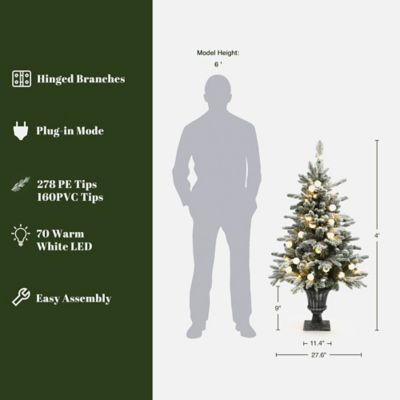 Image showing  4 ft. Pre-Lit Snow-Flocked Artificial Christmas Tree in Brushed Silver Urn Pot