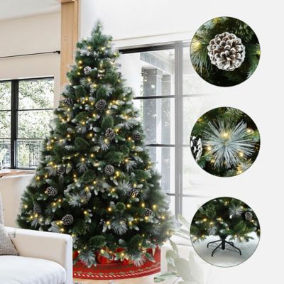 Image showing  7 ft. Pre-Lit Green & White Pine Christmas Tree with Pinecones & Metal Stand, Holiday Decor