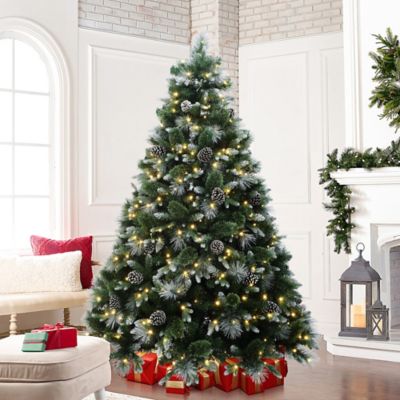 Image showing  7 ft. Pre-Lit Green & White Pine Christmas Tree with Pinecones & Metal Stand, Holiday Decor