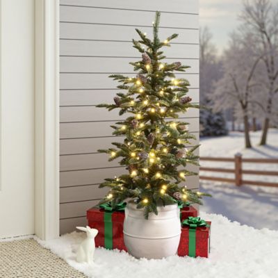 Image showing  4 ft. Pre-Lit Green Artificial Pine Christmas Tree with Pinecones and Round White Pot