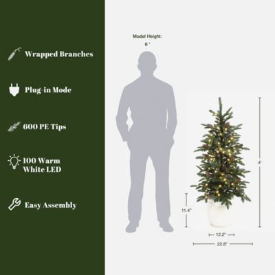Image showing  4 ft. Pre-Lit Green Artificial Pine Christmas Tree with Pinecones and Round White Pot