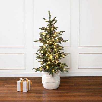 Image showing  4 ft. Pre-Lit Green Artificial Pine Christmas Tree with Pinecones and Round White Pot