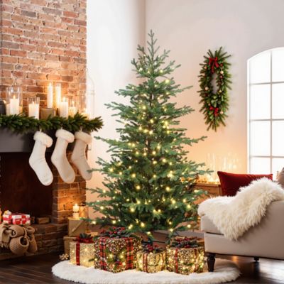 Image showing  6 ft. Pre-Lit Artificial Fir Christmas Tree, Green Branches with Warm Lights & Metal Stand