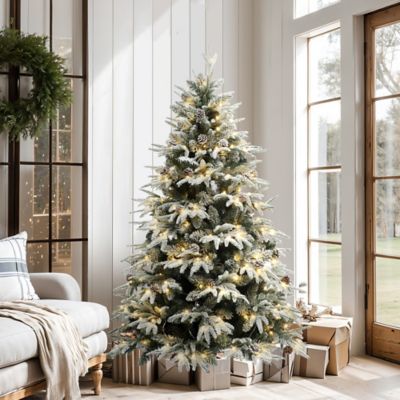 Image showing  7 ft. Pre-Lit Snowy Green Branches Artificial Christmas Tree with Metal Stand