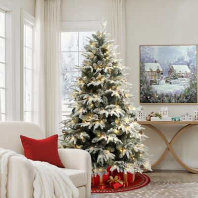 Image showing  7 ft. Pre-Lit Snowy Green Branches Artificial Christmas Tree with Metal Stand