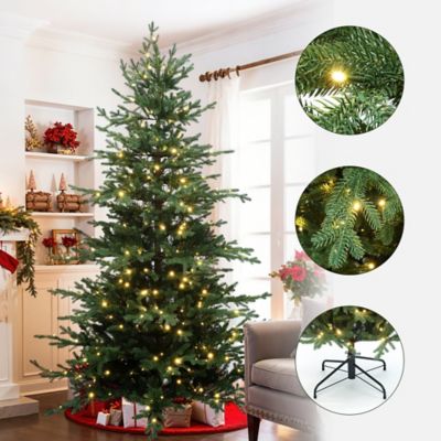 Image showing  7 ft. Pre-Lit Artificial Fir Christmas Tree, Green Branches with Warm Lights & Metal Stand