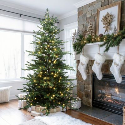 Image showing  7 ft. Pre-Lit Artificial Fir Christmas Tree, Green Branches with Warm Lights & Metal Stand