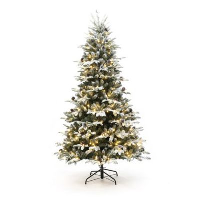 LuxenHome 7.5 ft. Pre-Lit Lightly Flocked Artificial Christmas Tree with Pinecones and Metal Stand