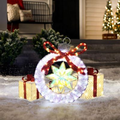 Image showing  2 ft. Tall Silver Tinsel Ornament with Star Outdoor Holiday Decoration with Lights