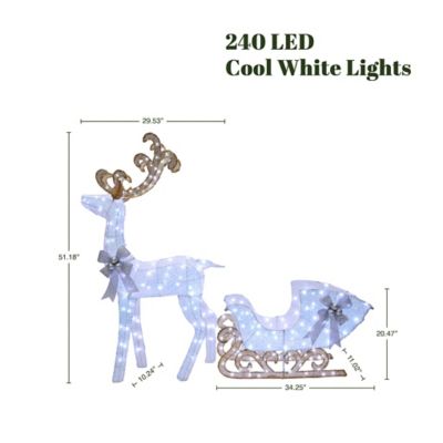Image showing  2-Piece White Reindeer and Sleigh with Silver Bow and Ornaments Outdoor Holiday Decoration with Lights