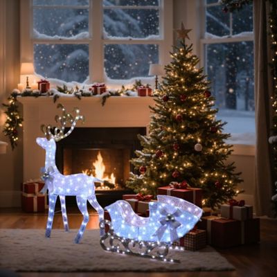 Image showing  2-Piece White Reindeer and Sleigh with Silver Bow and Ornaments Outdoor Holiday Decoration with Lights