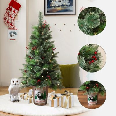 Image showing 4 ft. Pre-Lit Green Artificial Pine Christmas Tree Potted with Red Berry Decorations