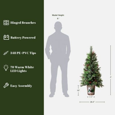 Image showing 4 ft. Pre-Lit Green Artificial Pine Christmas Tree Potted with Red Berry Decorations
