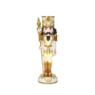 LuxenHome 3 ft. Lighted White and Gold Nutcracker Soldier with Scepter, Battery-Op Christmas Decor