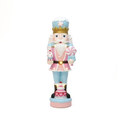LuxenHome 4 ft. Lighted Nutcracker Pink Soldier with Cake, Battery Operated Holiday Decoration