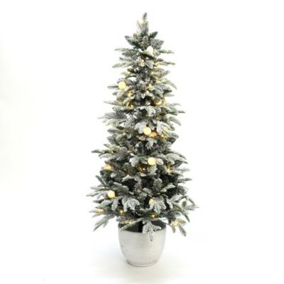 LuxenHome 5 ft. Flocked Artificial Tree Potted and Pre-Lit with 100 Lights
