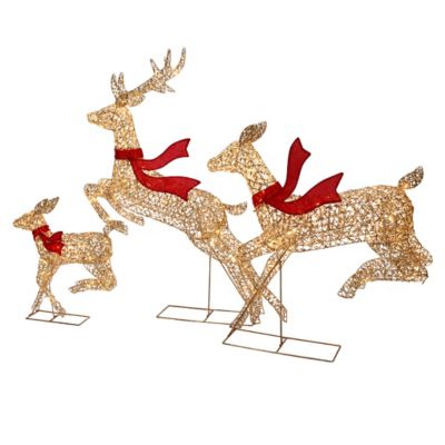 Image showing 5 th LuxenHome 3-Piece Champagne Gold PET Running Deer Family Outdoor Holiday Decoration with Lights