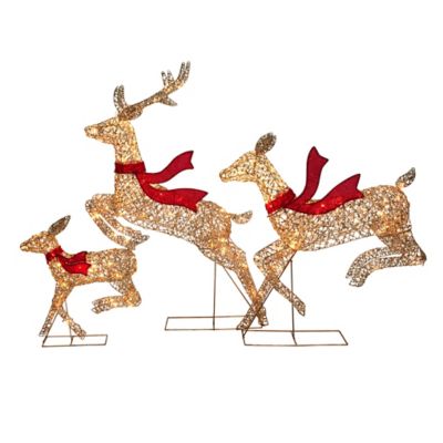 Image showing 6 th LuxenHome 3-Piece Champagne Gold PET Running Deer Family Outdoor Holiday Decoration with Lights
