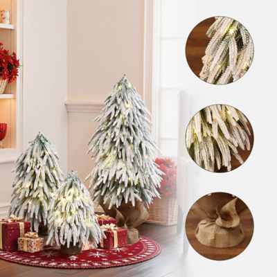 Image showing  3-Piece Snowy Christmas Tree Set with Battery Lights & Burlap Base, Holiday Decor