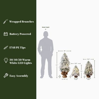 Image showing  3-Piece Snowy Christmas Tree Set with Battery Lights & Burlap Base, Holiday Decor