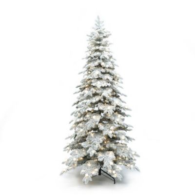 LuxenHome 7 ft. Pre-Lit Flocked Artificial Slender Tree with Adjustable Lights and Metal Stand