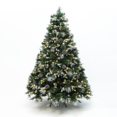 LuxenHome 6 ft. Pre-Lit Green & White Pine Christmas Tree with Pinecones & Metal Stand, Holiday Decor