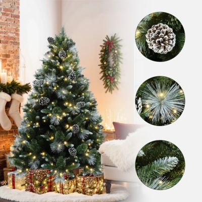 Image showing  6 ft. Pre-Lit Green & White Pine Christmas Tree with Pinecones & Metal Stand, Holiday Decor