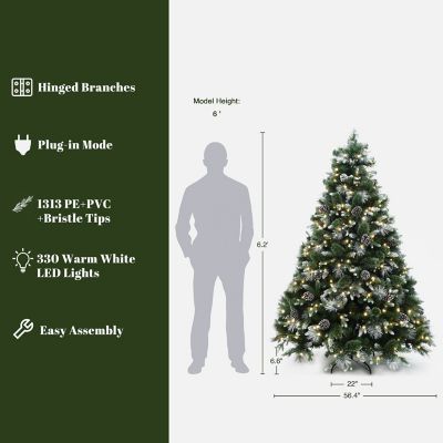 Image showing  6 ft. Pre-Lit Green & White Pine Christmas Tree with Pinecones & Metal Stand, Holiday Decor