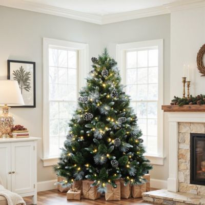 Image showing  6 ft. Pre-Lit Green & White Pine Christmas Tree with Pinecones & Metal Stand, Holiday Decor