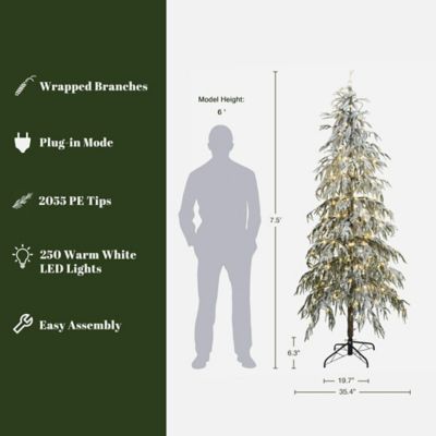 Image showing  7.5 ft. Pre-Lit Snowy Branches Slim Artificial Cedar Christmas Tree with Metal Stand