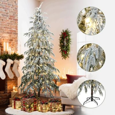 Image showing  7.5 ft. Pre-Lit Snowy Branches Slim Artificial Cedar Christmas Tree with Metal Stand