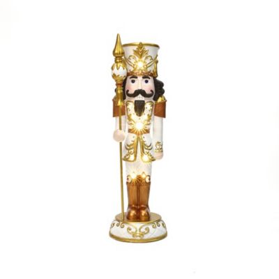 LuxenHome 4 ft. Lighted White and Gold Nutcracker Soldier with Scepter, Battery-Op Christmas Decor