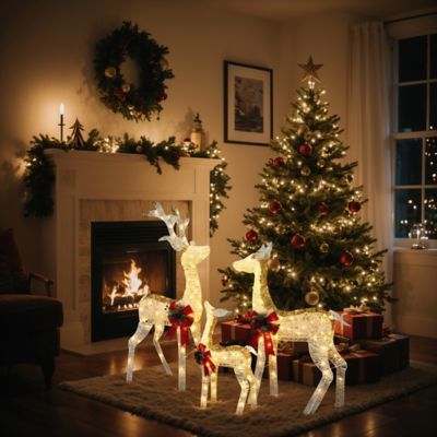 Image showing  Lighted White & Gold Glitter Deer Family Set, Indoor/Outdoor Christmas Decoration