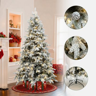 Image showing  6 ft. Pre-Lit Flocked Artificial Pine Christmas Tree with Pinecones