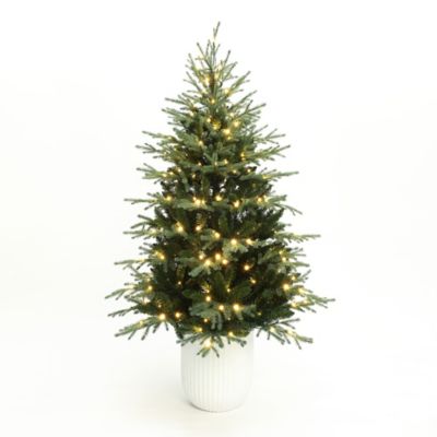LuxenHome 6 ft. Pre-Lit Artificial Spruce Christmas Tree in White Pot, Hinged Branches & Warm Lights