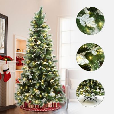 Image showing  7 ft. Pre-Lit Lightly Snow-Flocked Green Branches Artificial Tree with Metal Stand
