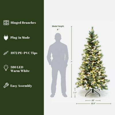 Image showing  7 ft. Pre-Lit Lightly Snow-Flocked Green Branches Artificial Tree with Metal Stand