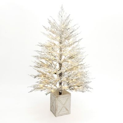 LuxenHome 5 ft. Pre-Lit Snowy Artificial Christmas Tree with Warm White Lights in Rustic MgO Crate