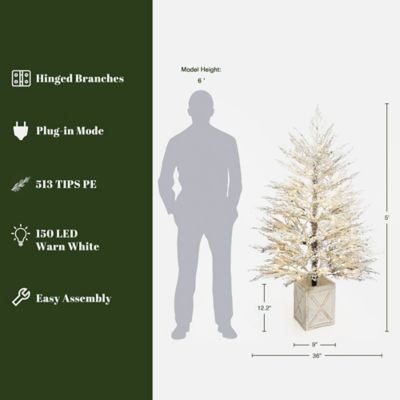 Image showing  5 ft. Pre-Lit Snowy Artificial Christmas Tree with Warm White Lights in Rustic MgO Crate