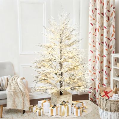Image showing  5 ft. Pre-Lit Snowy Artificial Christmas Tree with Warm White Lights in Rustic MgO Crate