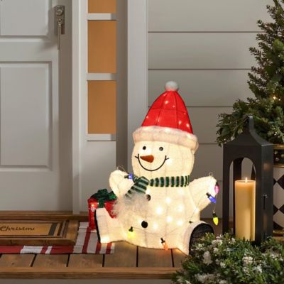 Image showing  2.3 ft. Jolly Snowman with Red Santa Hat Outdoor Holiday Decoration with Lights