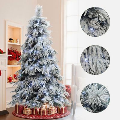 Image showing  6 ft. Pre-Lit Full Snowy Branches Artificial Pine Christmas Tree with Pinecones and Stand