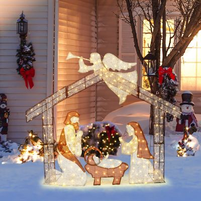 Image showing  5.7 ft. x 4.75 ft. Nativity Scene with Angel Outdoor Holiday Decoration with Lights