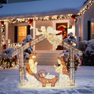 Image showing  5.7 ft. x 4.75 ft. Nativity Scene with Angel Outdoor Holiday Decoration with Lights