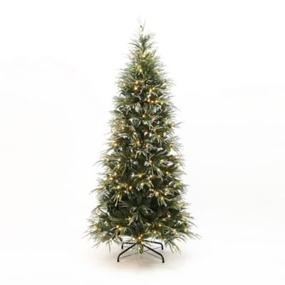 LuxenHome 7.5 ft. Pre-Lit Green and Flocked Slim Artificial Christmas Tree with Metal Stand