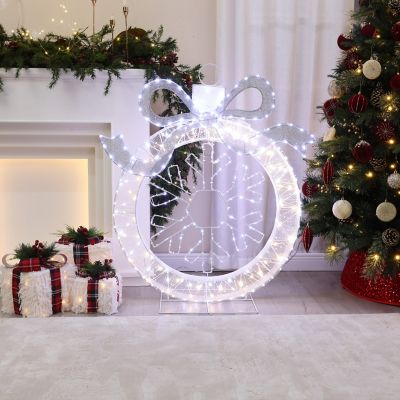Image showing  3 ft. Lighted Ornament & Snowflake Wreath, Silver & White Outdoor Christmas Decoration