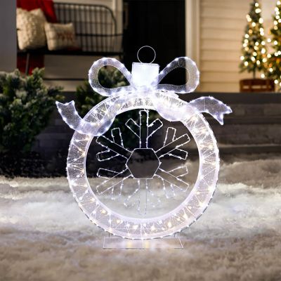 Image showing  3 ft. Lighted Ornament & Snowflake Wreath, Silver & White Outdoor Christmas Decoration