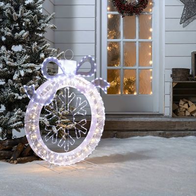 Image showing  3 ft. Lighted Ornament & Snowflake Wreath, Silver & White Outdoor Christmas Decoration